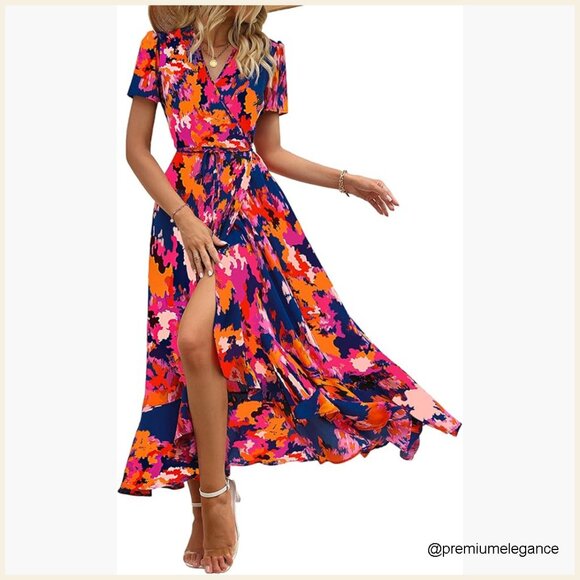 Dresses & Skirts - Boho Floral Maxi Dress Wrap V Neck Short Sleeve Summer Beach Wedding Guest